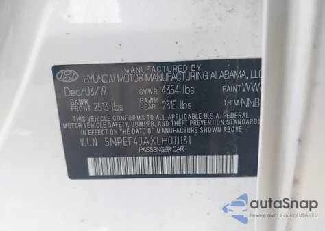 2020 Hyundai Sonata Sel z USA, uszkodzony, nr VIN 5NPEF4JAXLH011131